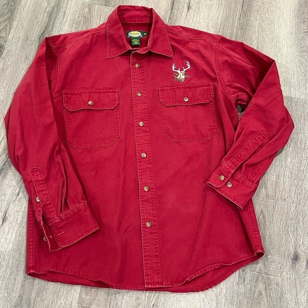 Cabela’s Medium Red Thick Cotton Shirt Jacket Deep Red Embroidered Deer Shirt